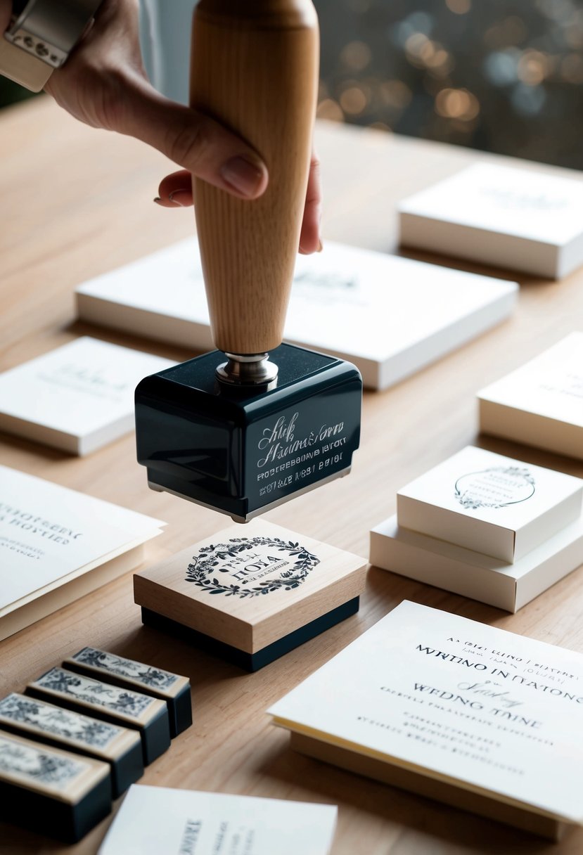 A hand stamping tool hovers over various sizes of wedding invitations, with a stack of tips nearby