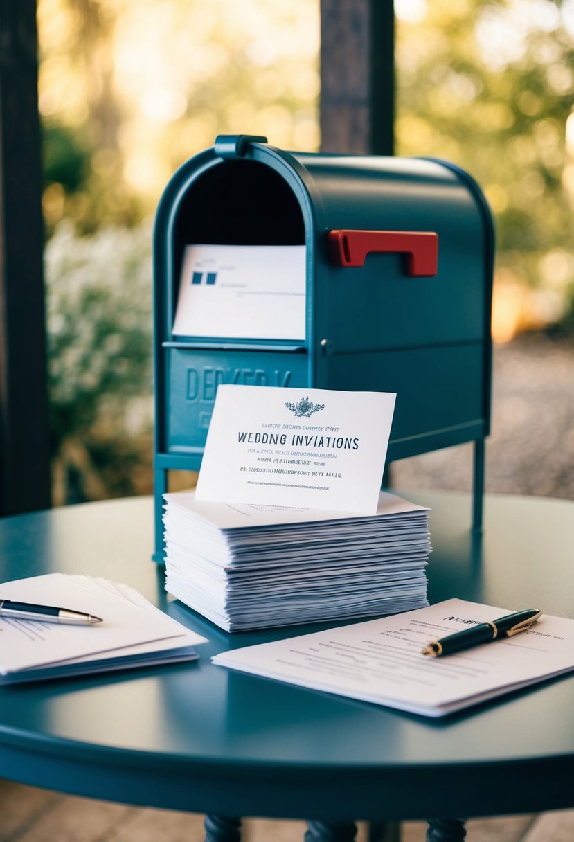 A table with a stack of wedding invitations, a pen, and a checklist. A mailbox with outgoing mail