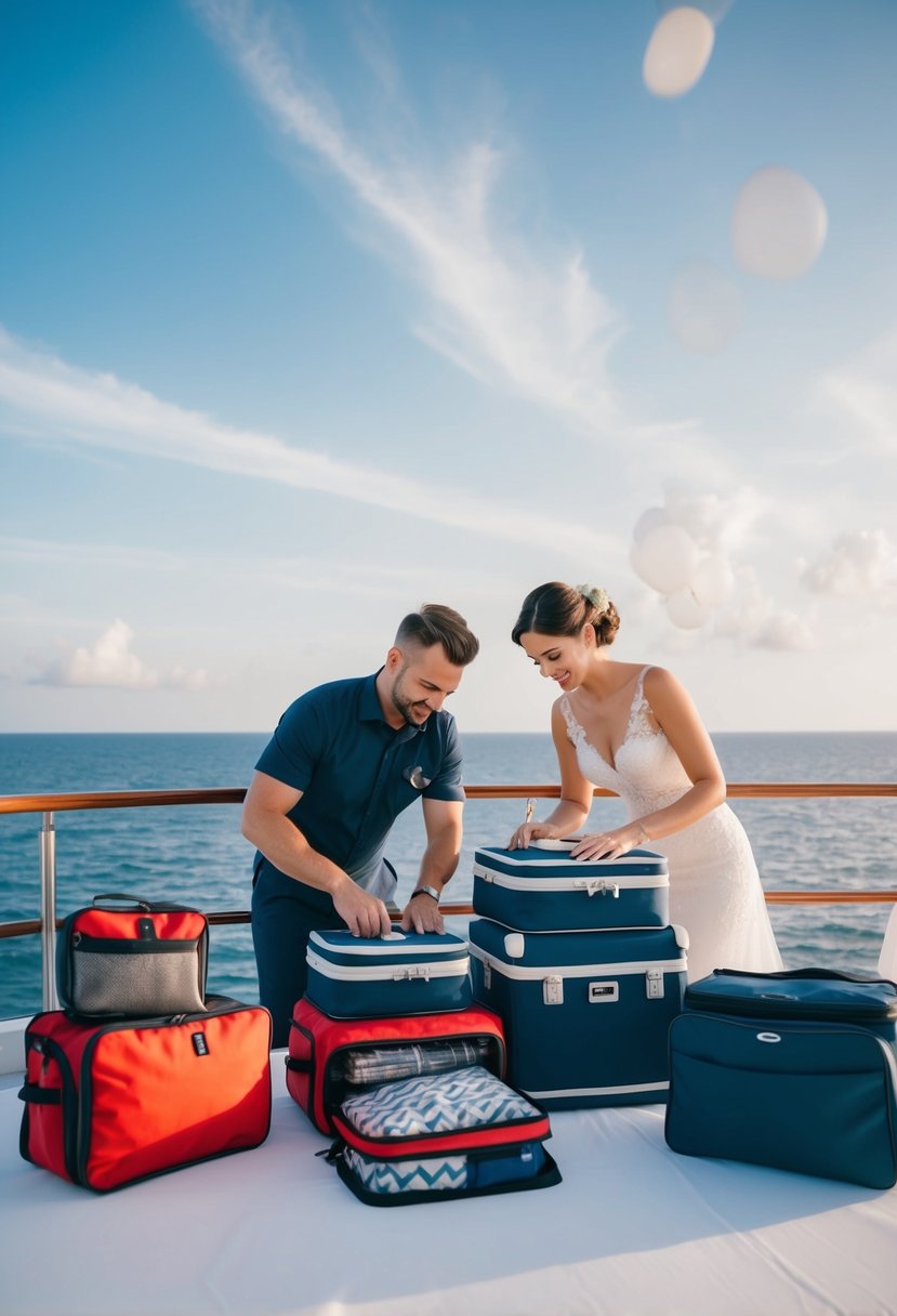 A couple carefully packing and organizing cruise essentials for their wedding ceremony at sea