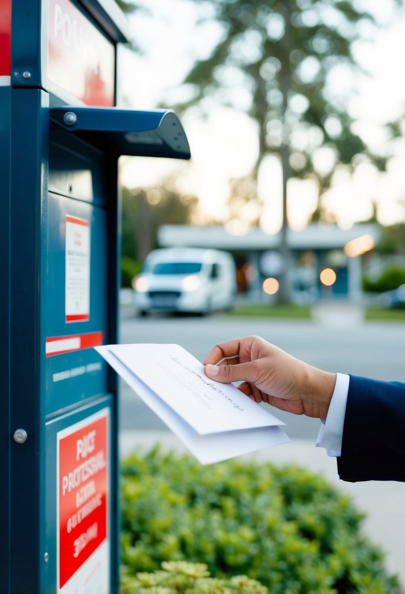 A hand dropping wedding invitations into a mailbox at a post office