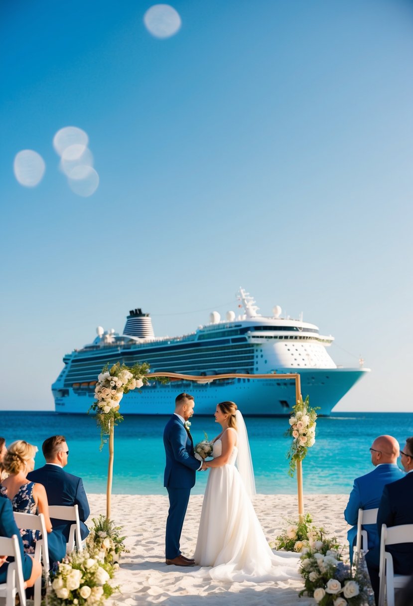 A serene beach wedding with a cruise ship in the background, a photographer capturing the romantic ceremony under a clear blue sky