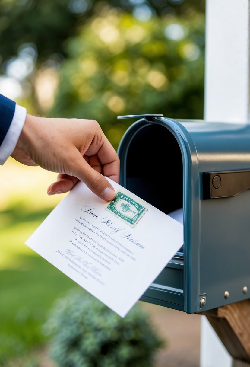 A hand placing a wedding invitation into a mailbox with a clear view of the postage stamp