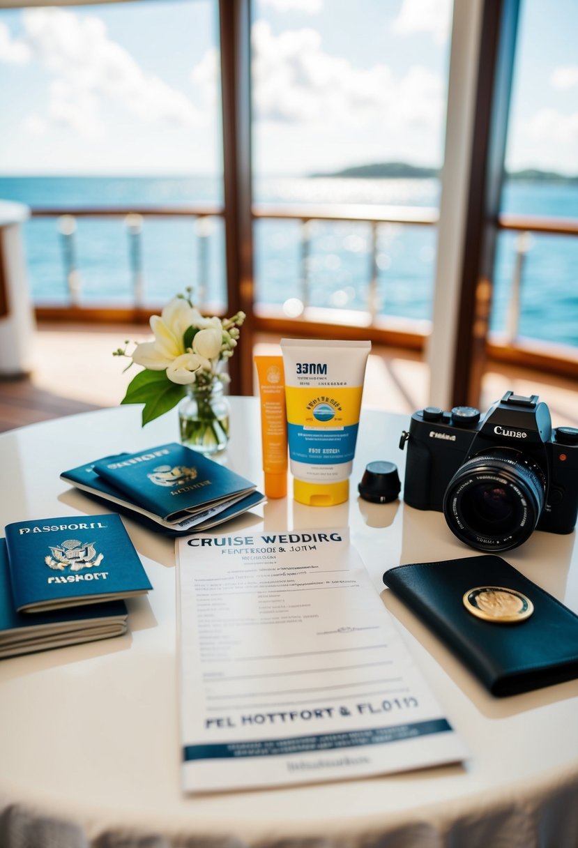 A table with items for a cruise wedding: passports, tickets, sunscreen, formal attire, and a camera