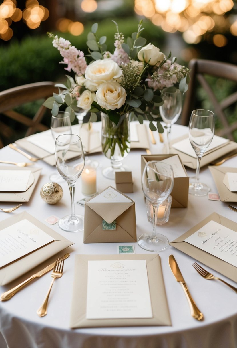 A table set with elegant envelopes, stamps, and a guest list