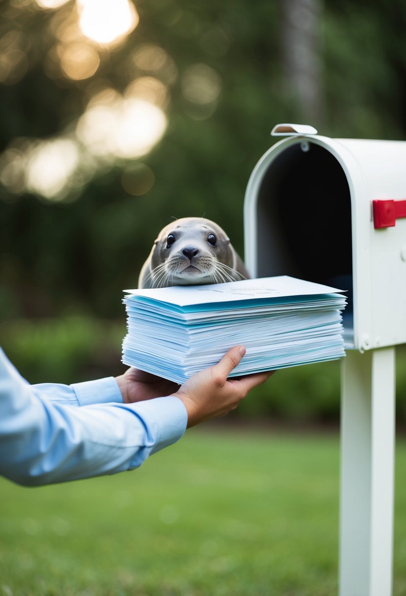 A seal holds a stack of wedding invitations, carefully placing each one in an envelope and sealing it shut before placing it in a mailbox