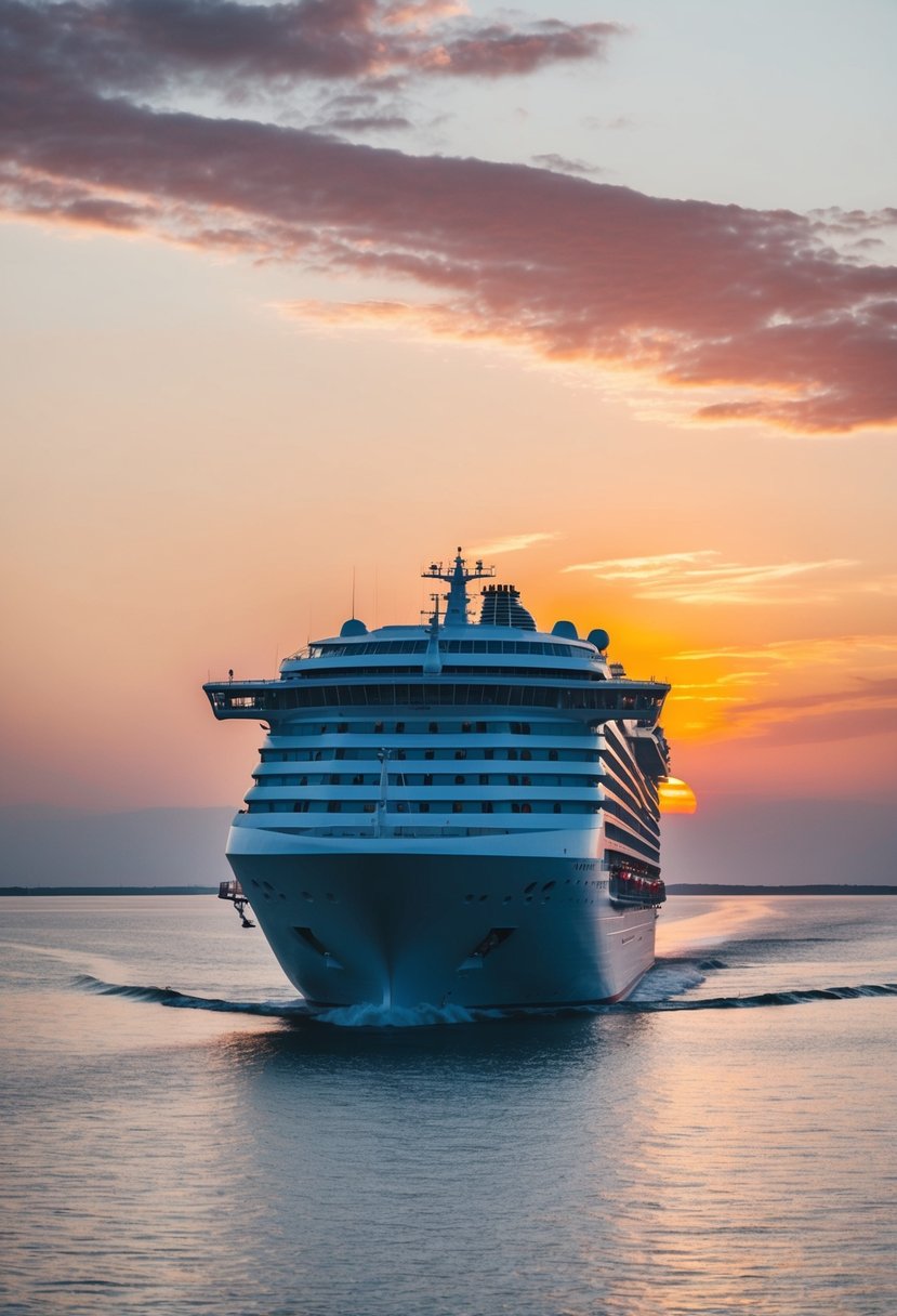 A cruise ship sailing smoothly through calm waters, with a picturesque sunset in the background