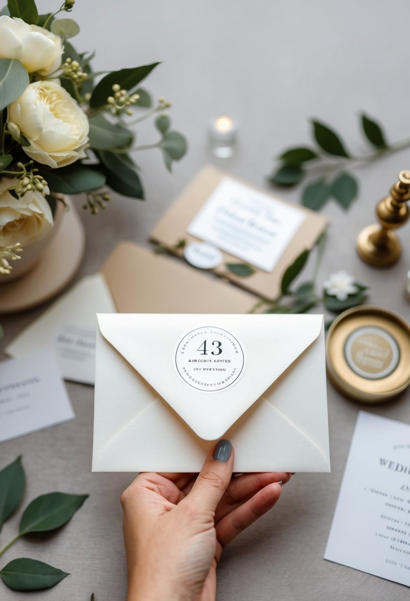 A hand holds an envelope with a return address sticker, surrounded by wedding invitation supplies