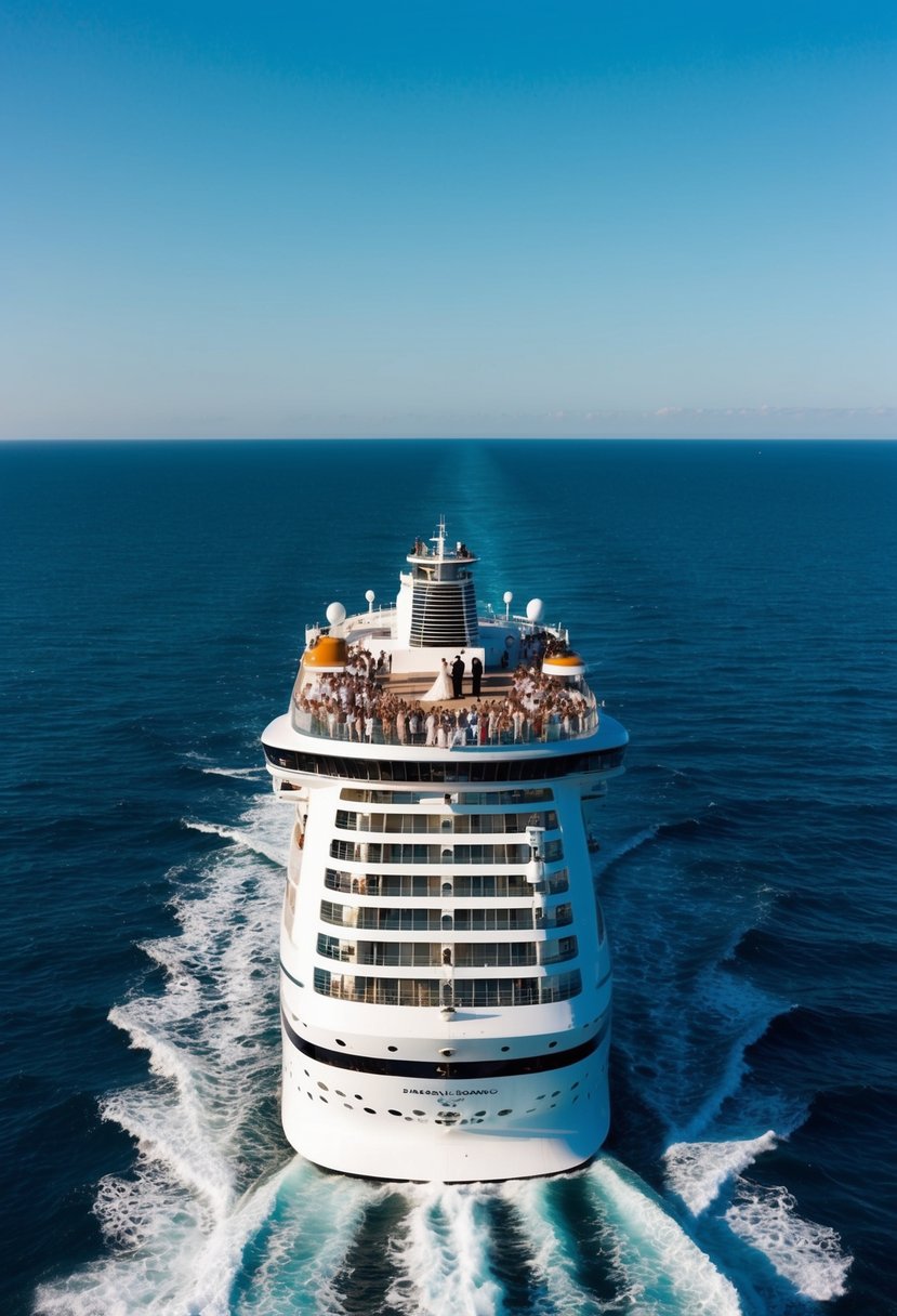 A cruise ship sailing on the open sea, with a wedding ceremony taking place on the deck, surrounded by the vast expanse of water and a clear blue sky