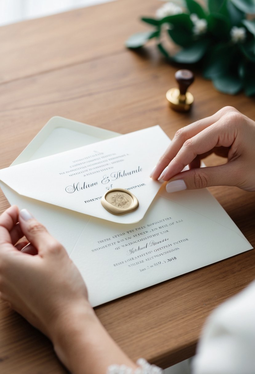 An elegant hand placing a formal wedding invitation into a pristine envelope, sealing it with a wax stamp