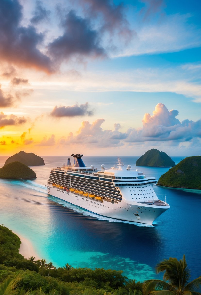 A cruise ship sailing past tropical islands with crystal clear waters and lush greenery, while a beautiful sunset paints the sky in vibrant colors