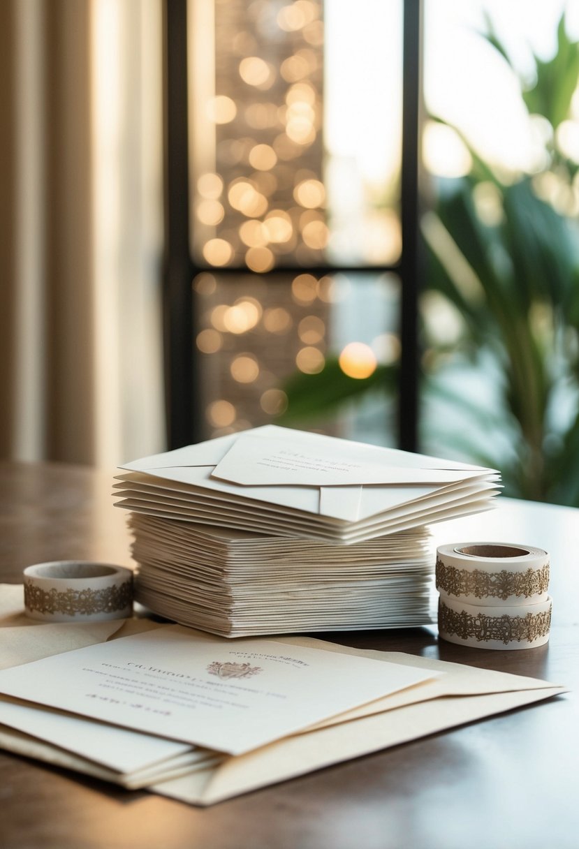 A table with a stack of wedding invitations, a bundle of envelopes, and a roll of decorative bands ready for mailing