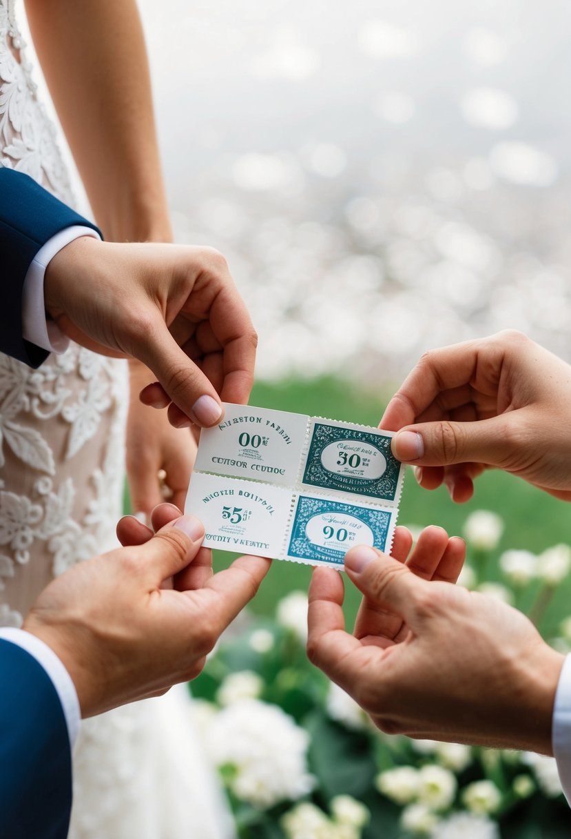 A bride and groom's hands selecting custom postage designs for mailing wedding invitations