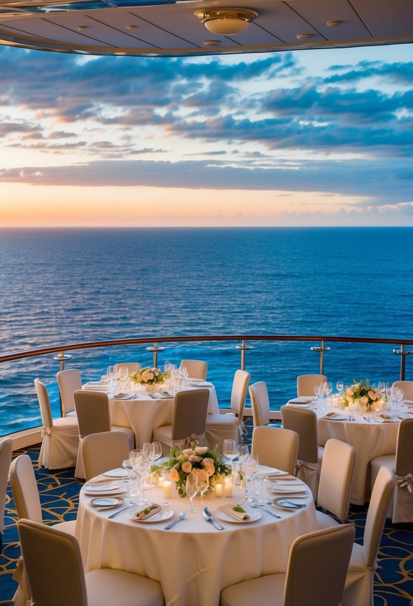 A luxurious cruise ship dining room with elegant tables set for a wedding reception, overlooking the sparkling ocean at sunset