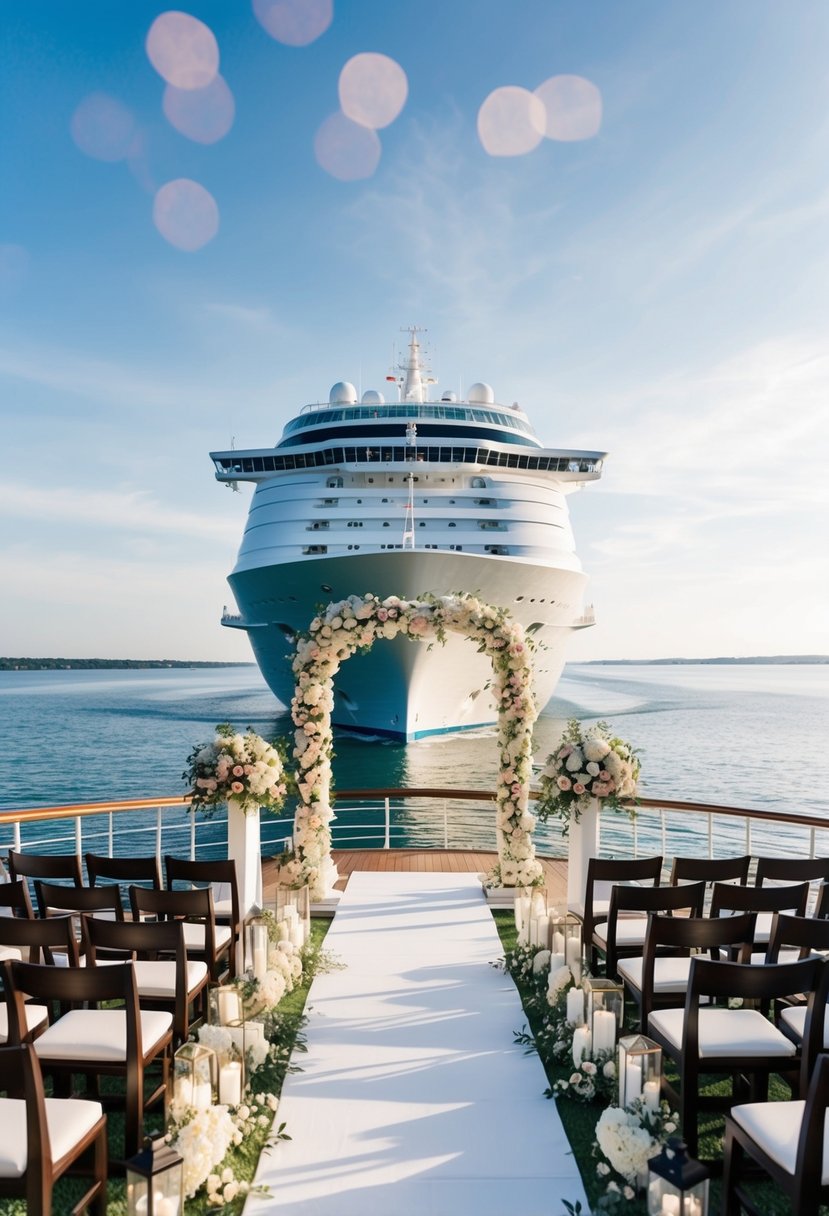 A cruise ship sailing on calm waters with a wedding arch set up on the deck, surrounded by flowers and elegant decor