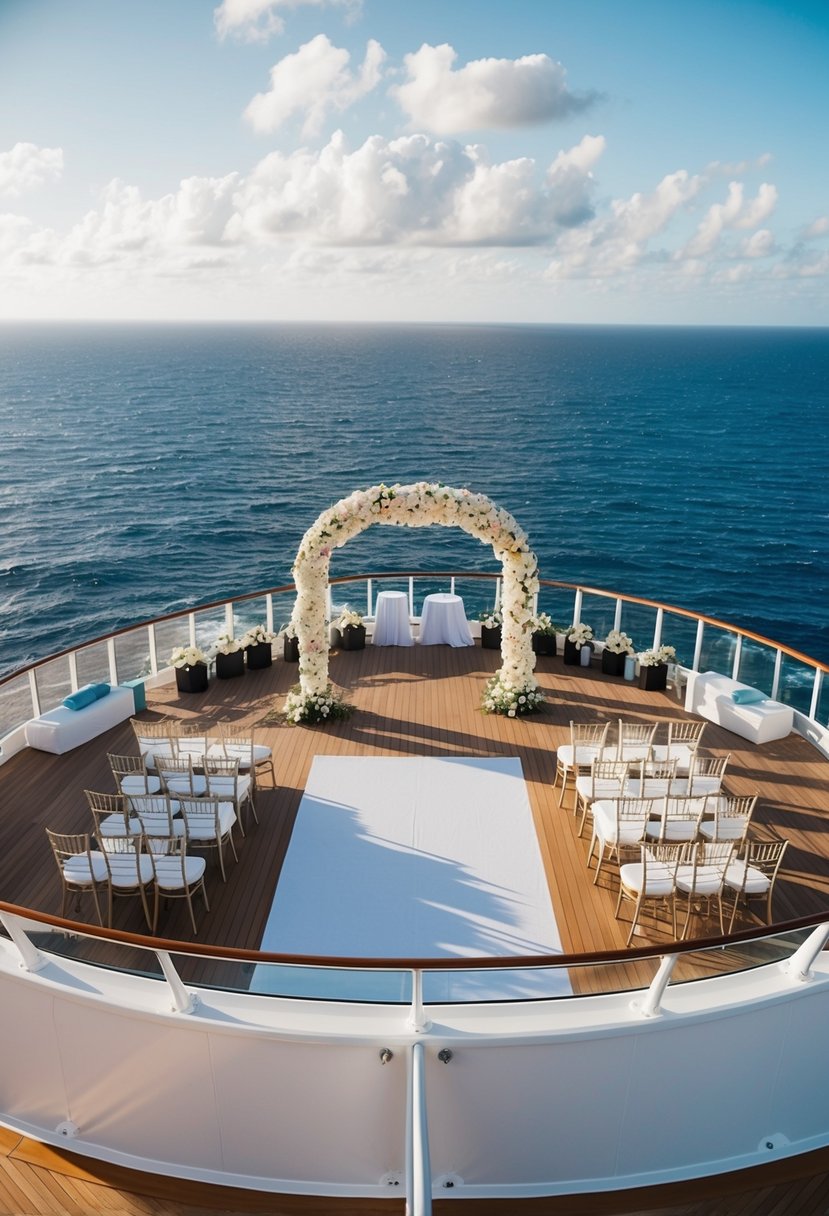 A cruise ship deck with a decorated wedding arch, seating, and a dance floor overlooking the ocean