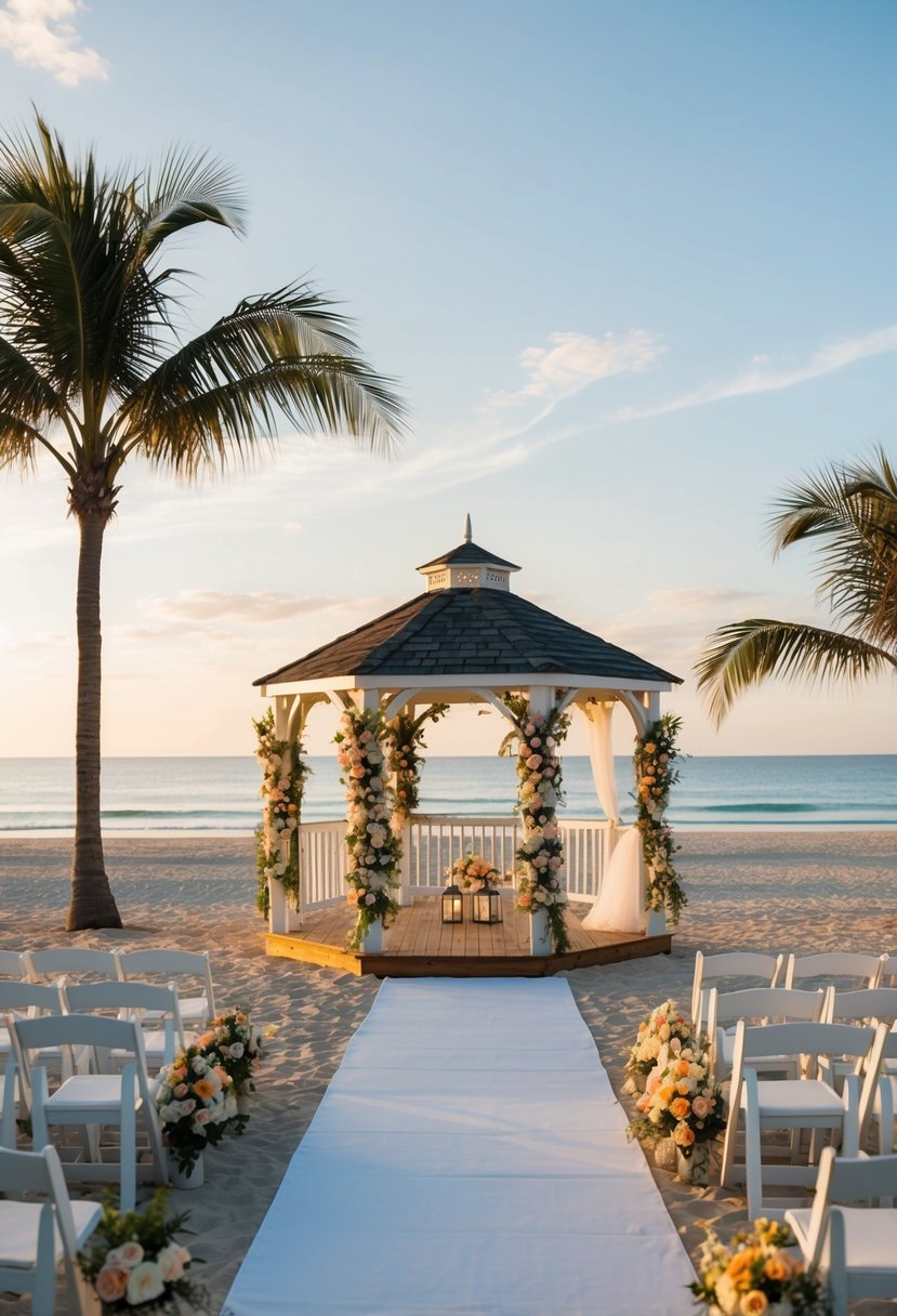 A beach wedding with a gazebo adorned with flowers, overlooking the ocean at sunset. Palm trees and a gentle breeze complete the tranquil setting