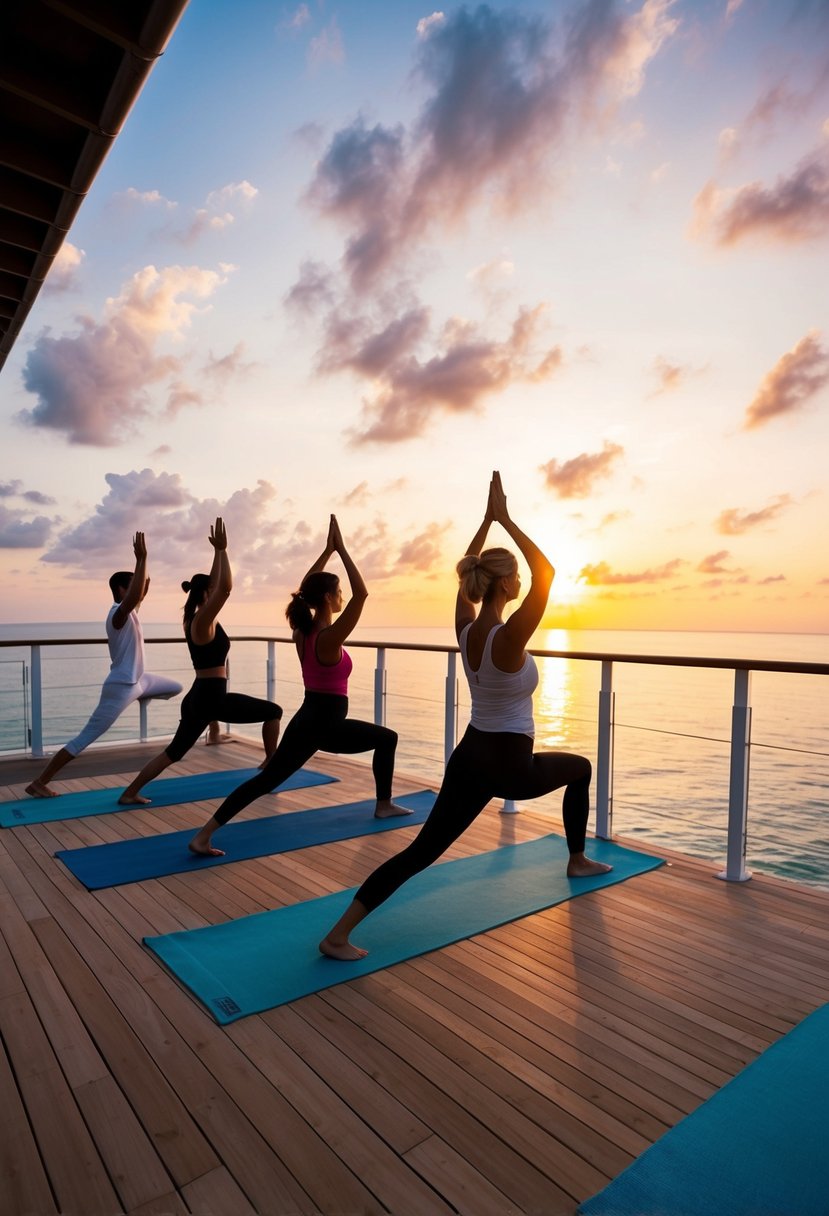 Guests participate in a sunset yoga session on the upper deck, led by a professional instructor. The calm sea and colorful sky create a serene atmosphere for the activity