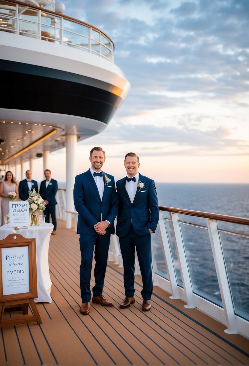 A cruise ship deck with formal attire, a wedding setting, and event signs