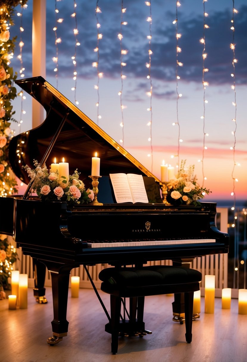 A grand piano adorned with flowers and candles, set against a backdrop of twinkling fairy lights and a romantic sunset