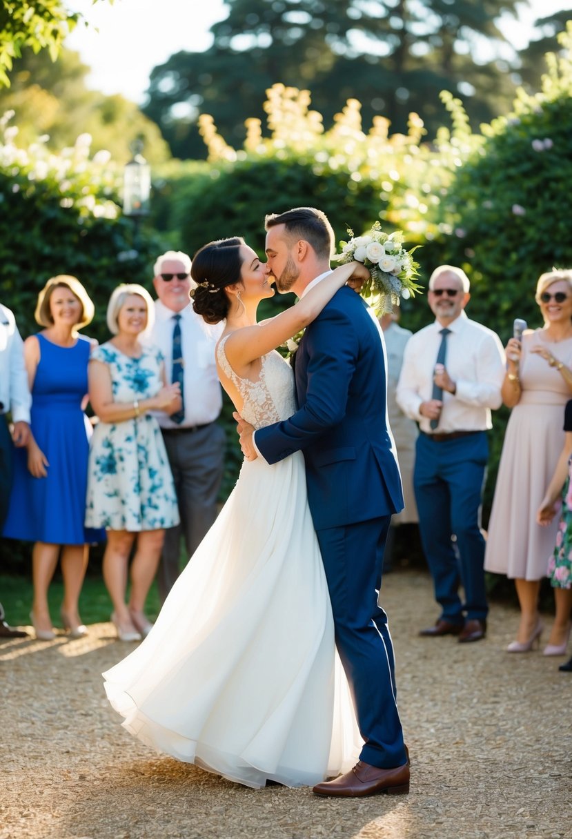 A couple dances in a sunlit garden, surrounded by family and friends. The music swells as they share their first kiss as newlyweds