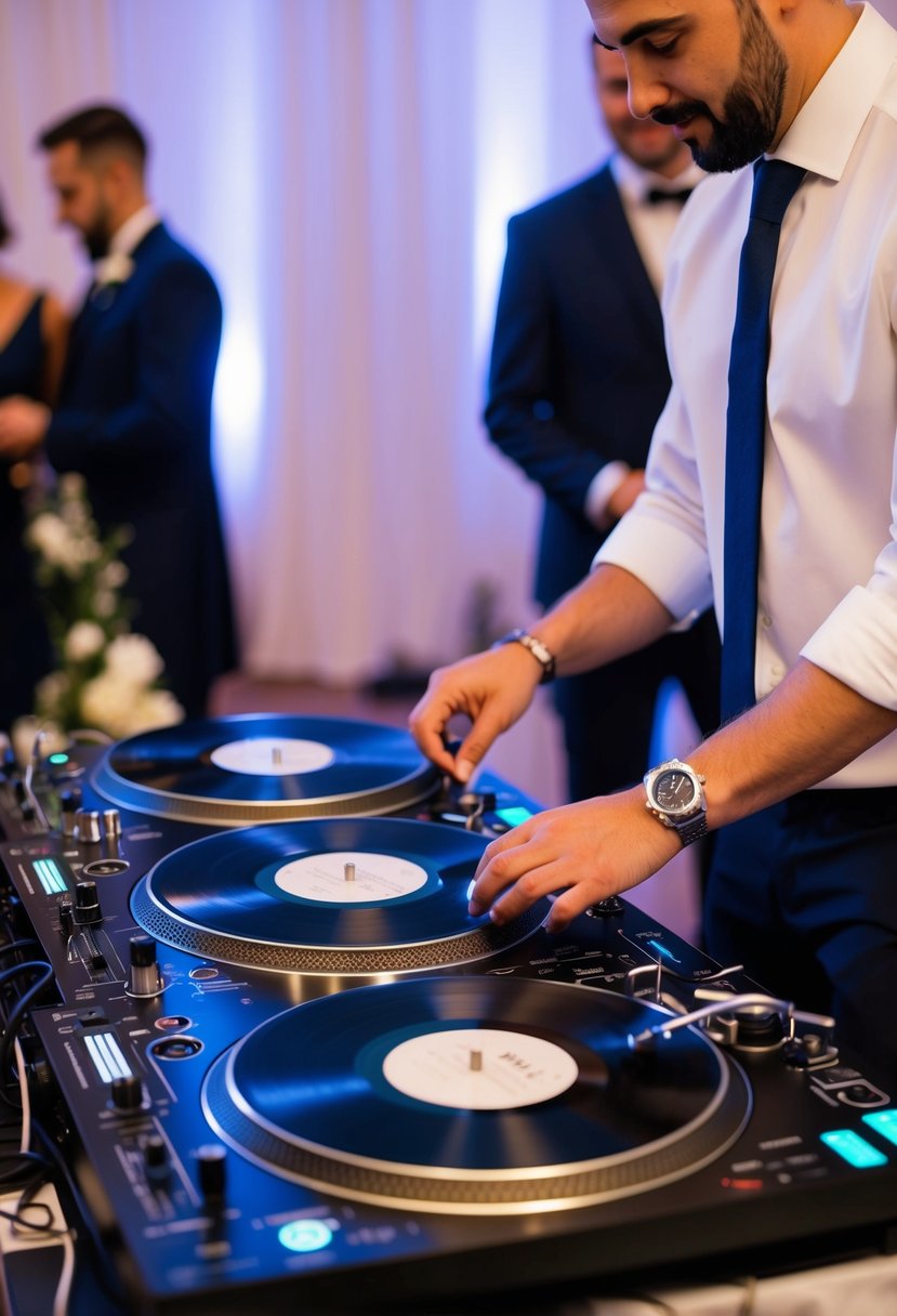 A DJ blending vinyl records of modern and classic hits at a wedding reception