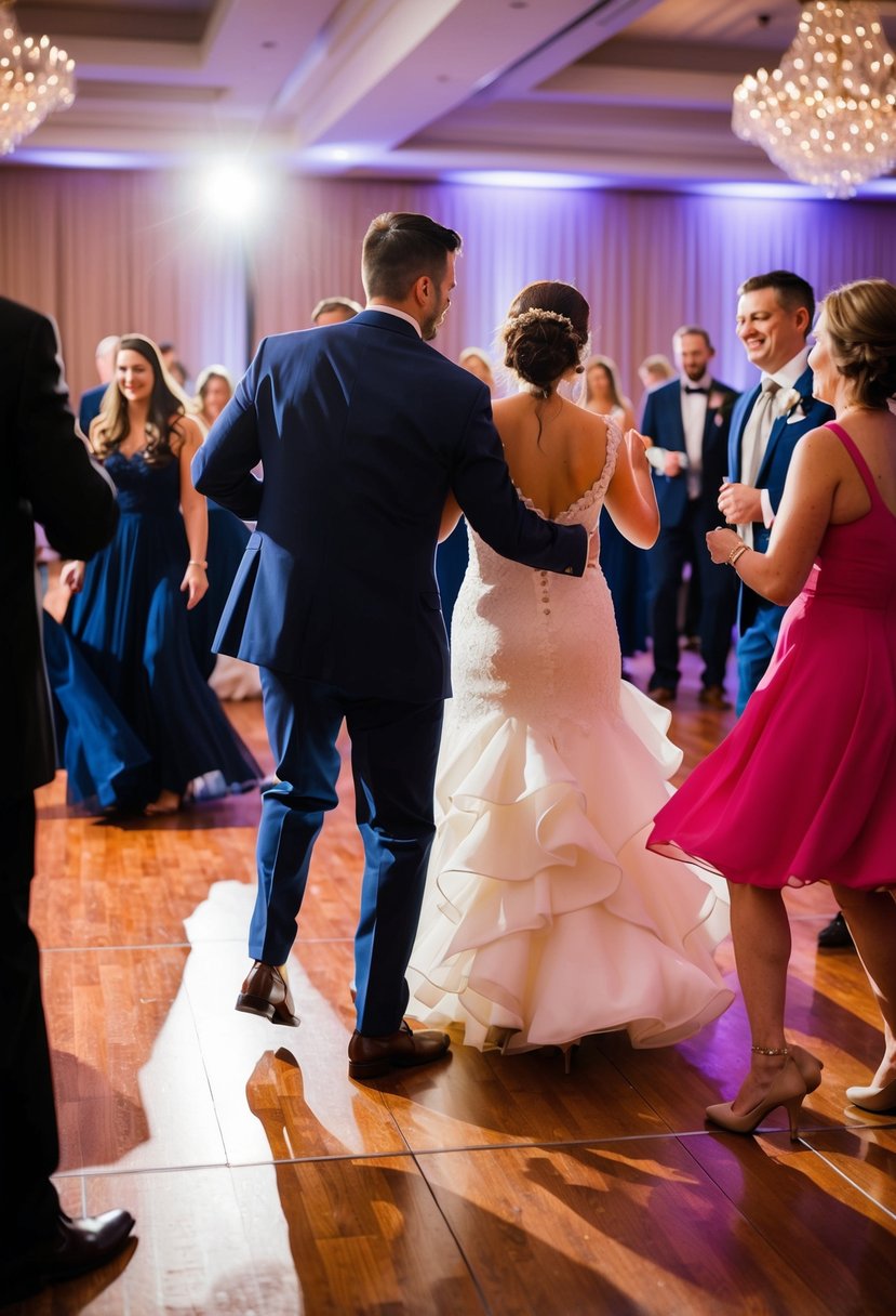 A dance floor with a mix of slow and fast songs playing, guests swaying and moving to the music at a wedding reception