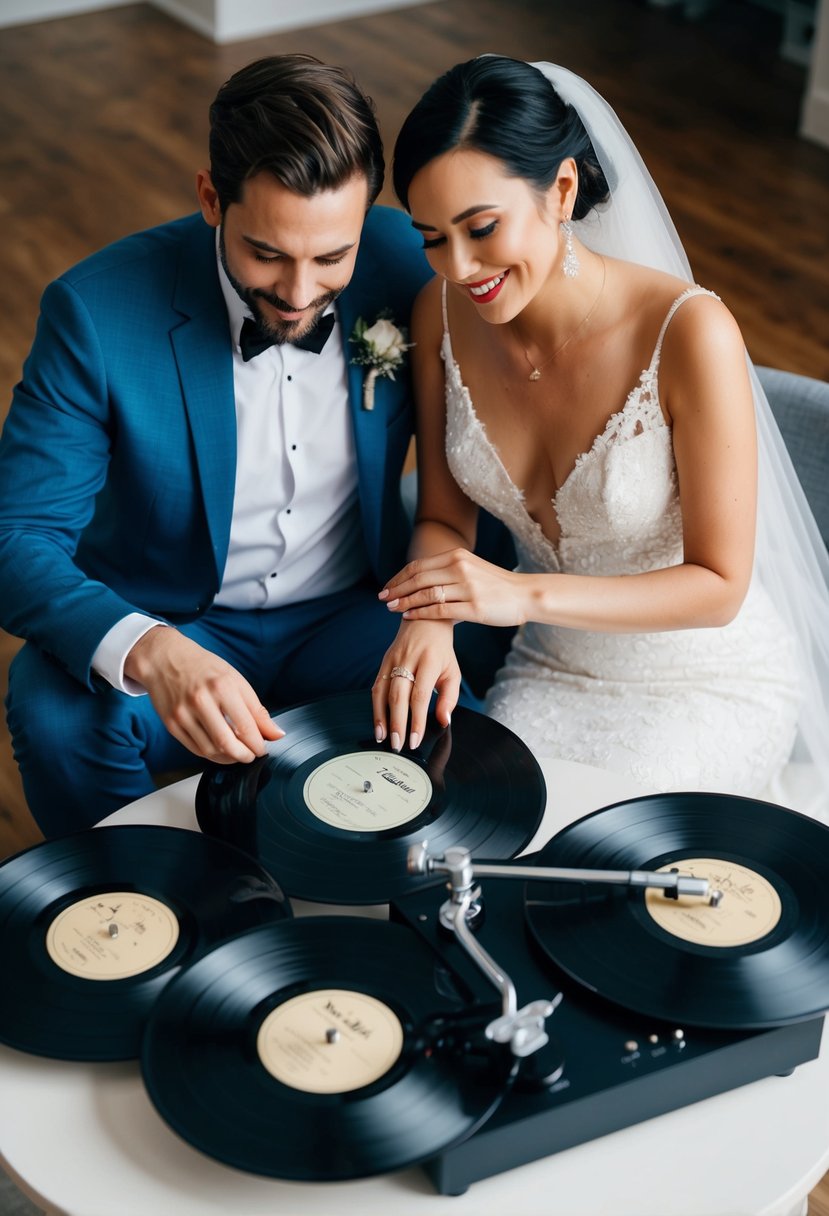 A couple sits together, surrounded by vinyl records and a record player. They are carefully selecting songs that reflect their unique style as a couple for their upcoming wedding