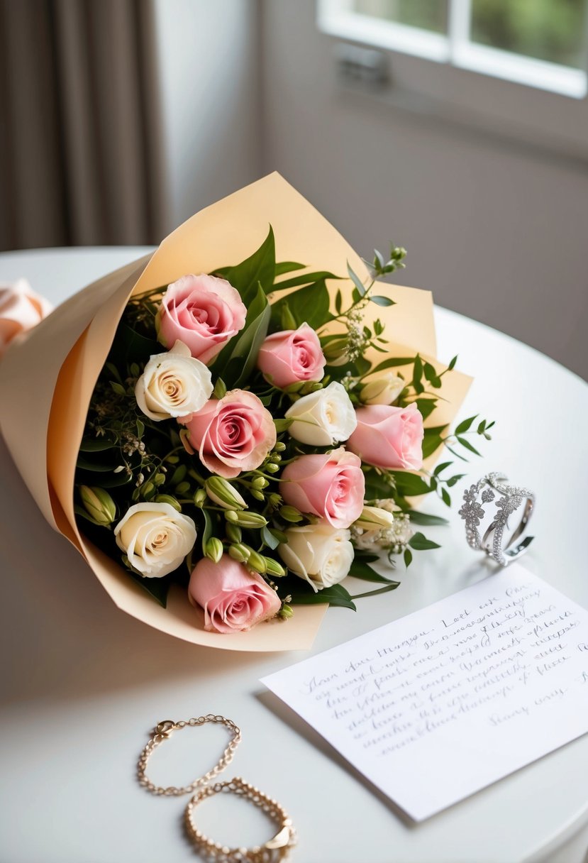 A beautifully wrapped bouquet of flowers, a delicate piece of jewelry, and a handwritten love letter arranged on a table