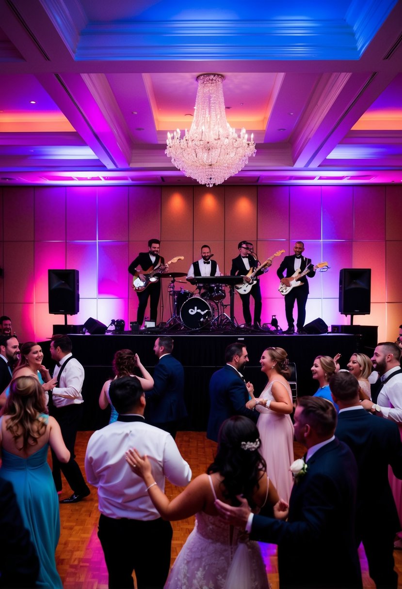 A lively wedding reception with a DJ or live band performing on stage, surrounded by dancing guests and colorful lighting