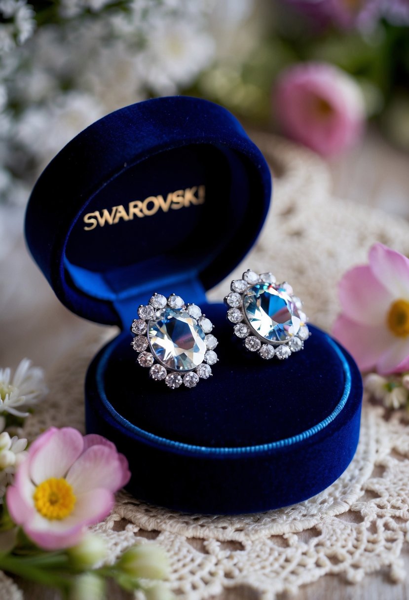 A sparkling pair of Swarovski crystal earrings displayed on a velvet cushion, surrounded by delicate lace and floral accents