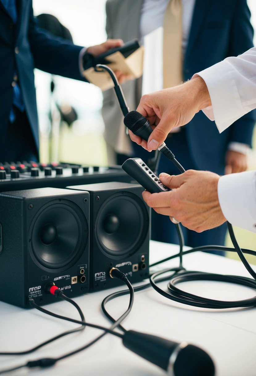 A person plugging in and testing sound equipment with a microphone and speakers set up for a wedding