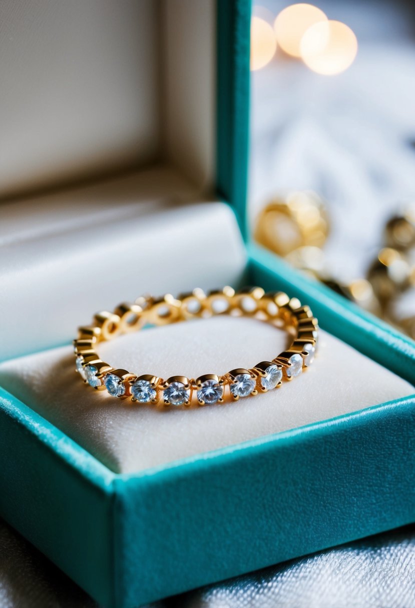 A delicate moissanite tennis bracelet gleaming in soft light, nestled in a luxurious velvet jewelry box