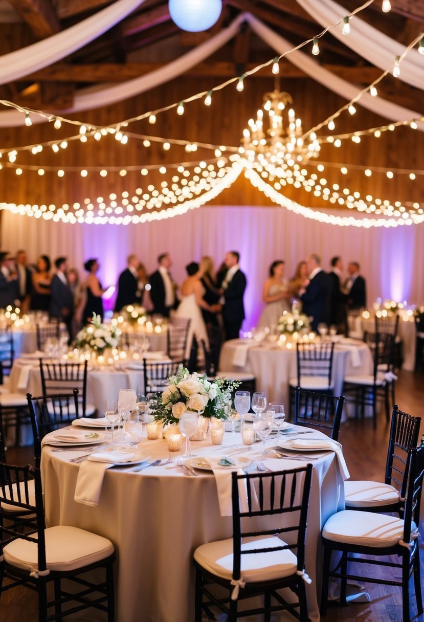 A festive wedding reception with elegant table settings, twinkling string lights, and a lively dance floor