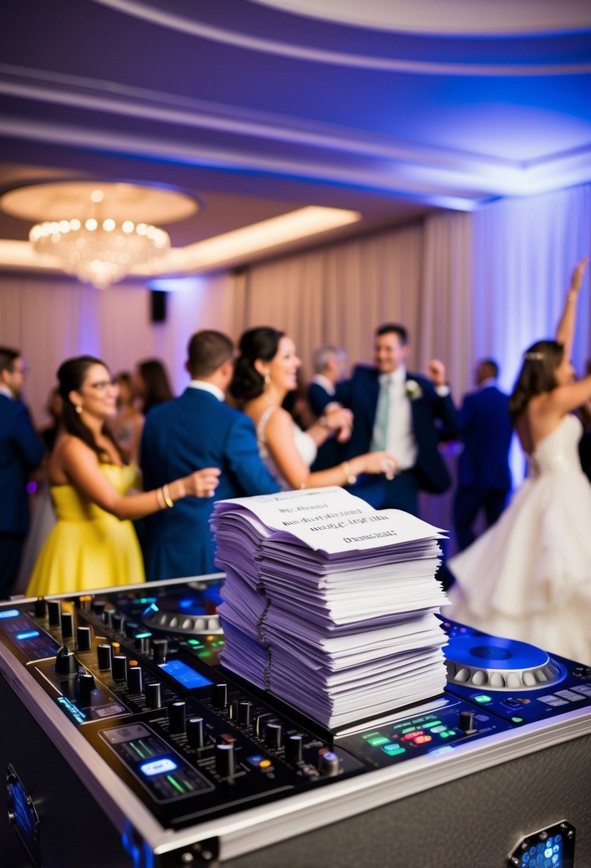 A DJ booth with a stack of song request slips, surrounded by dancing guests at a wedding reception