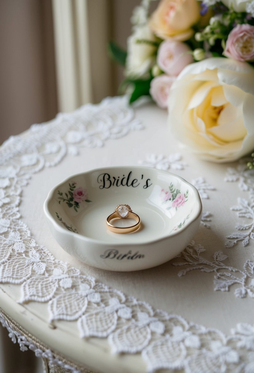 A delicate, ceramic ring dish sits on a lace-trimmed dressing table, adorned with the bride's initials and delicate floral designs