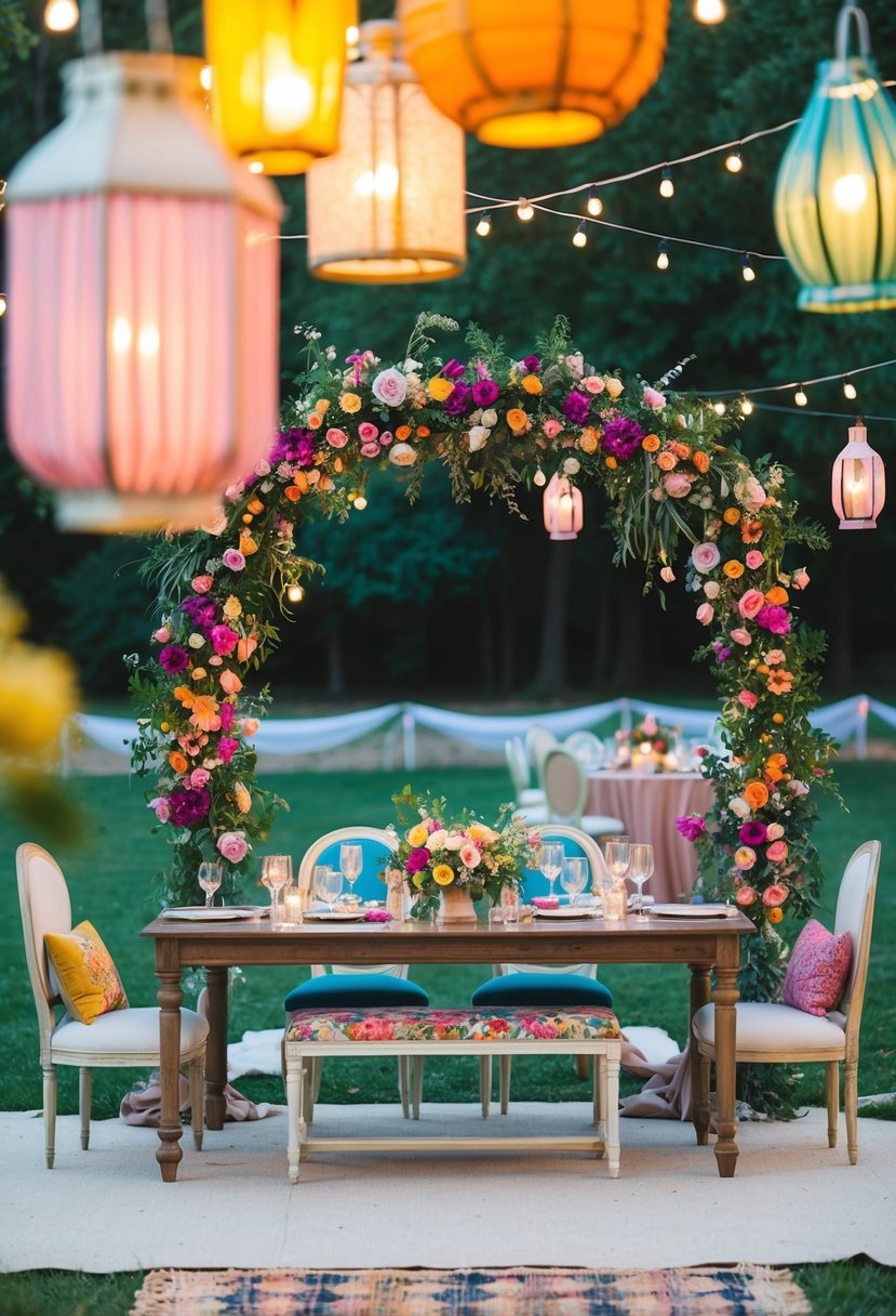 A whimsical outdoor wedding reception with colorful lanterns, vintage furniture, and a bohemian floral arch