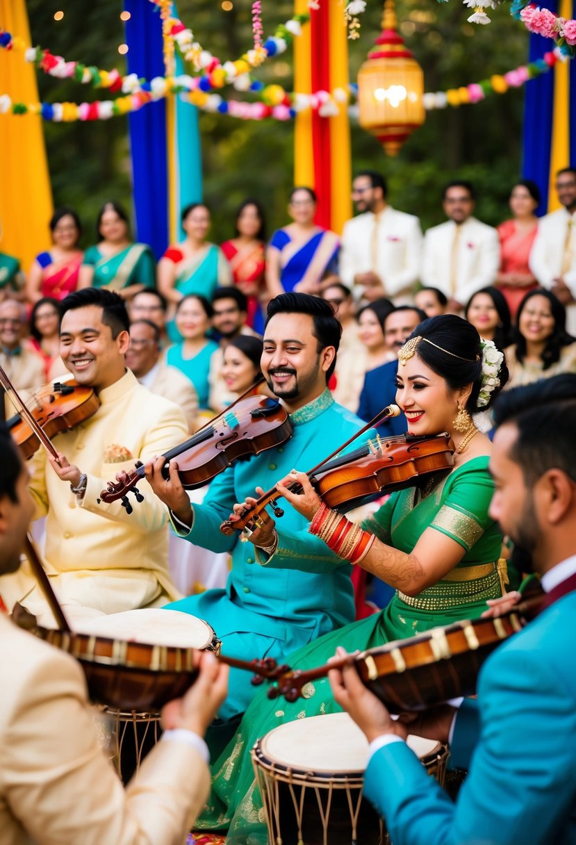 A group of musicians playing traditional instruments at a wedding celebration, surrounded by colorful decorations and joyful guests