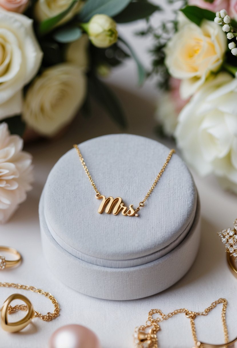 A delicate gold necklace with "Mrs." pendant displayed on a velvet cushion, surrounded by soft floral arrangements and elegant wedding accessories