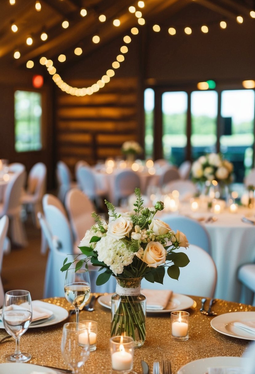 A cozy wedding reception with temperature control, flowers, and comfortable seating