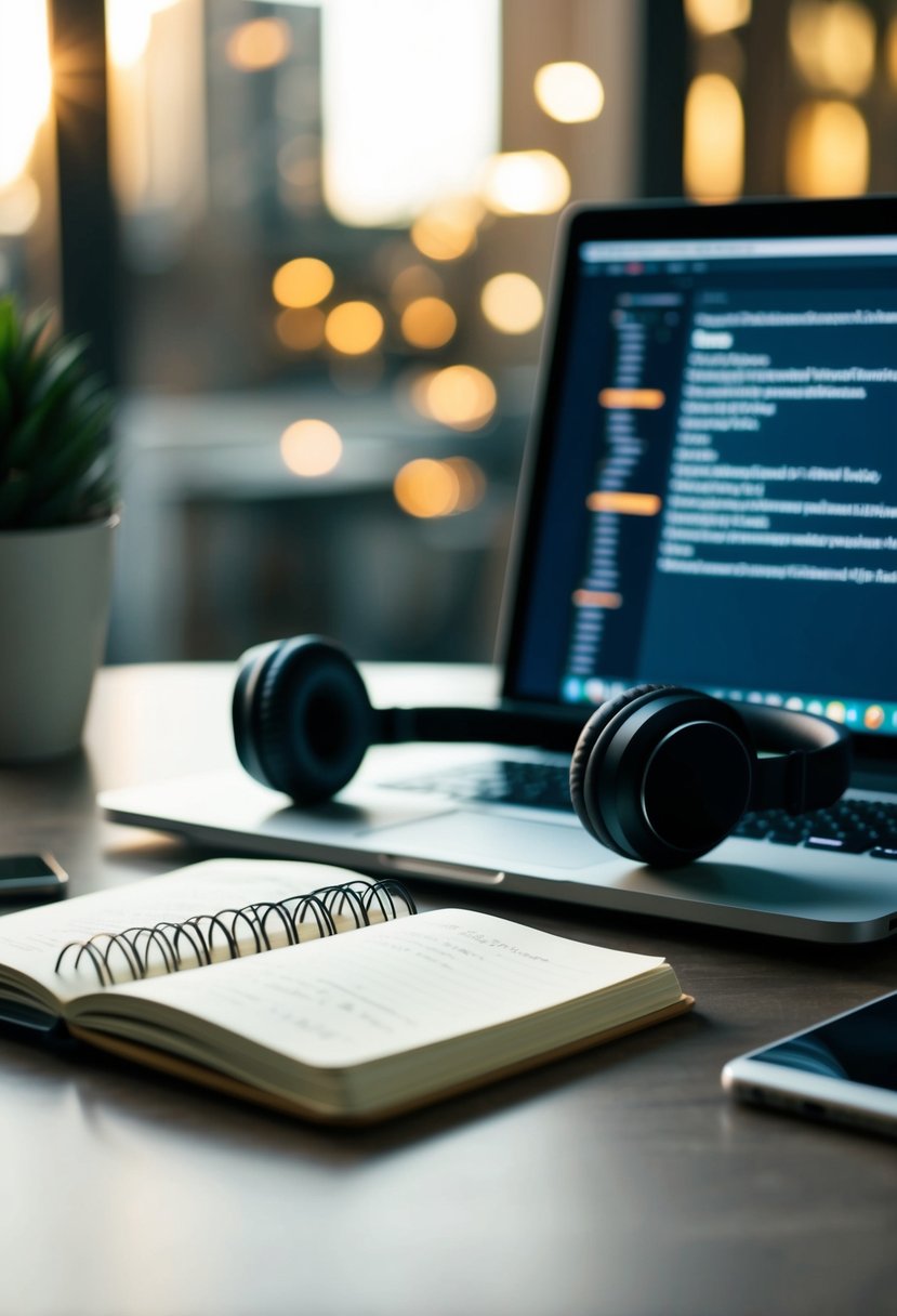 A table with a laptop, headphones, and a notebook filled with song titles and playlists