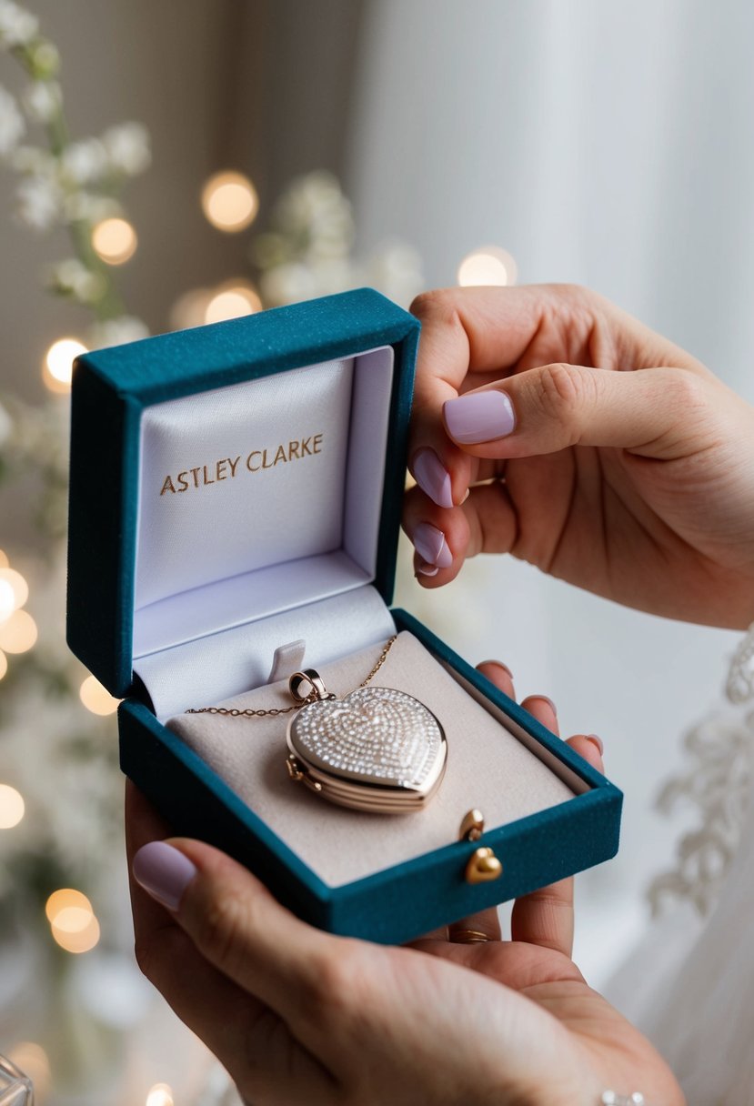 A bride opens a delicate jewelry box, revealing a shimmering Astley Clarke locket necklace nestled in soft velvet