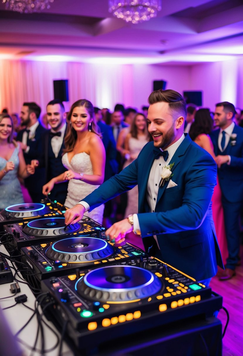 A lively wedding reception with a talented DJ spinning music while an energetic MC engages the crowd. The dance floor is packed and the atmosphere is vibrant