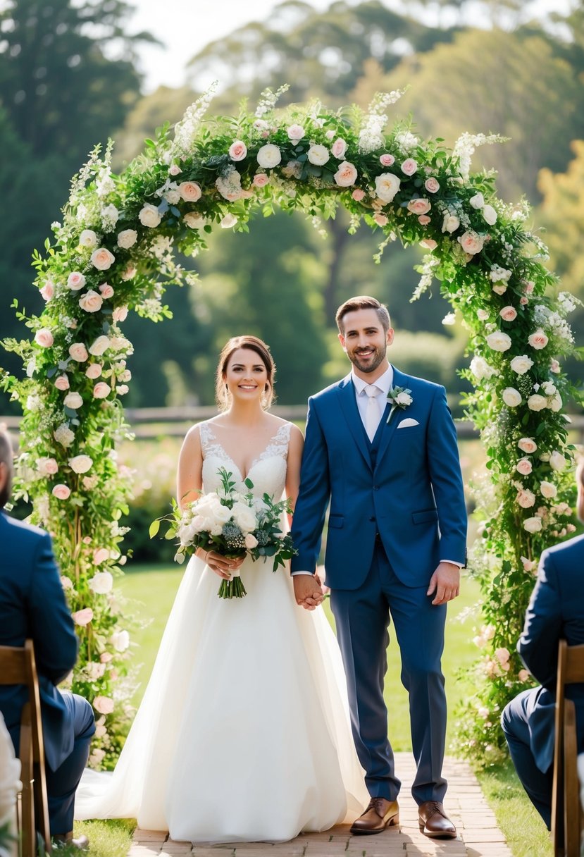 A bride and groom stand beneath a floral arch as music fills the air, setting the tone for their wedding ceremony