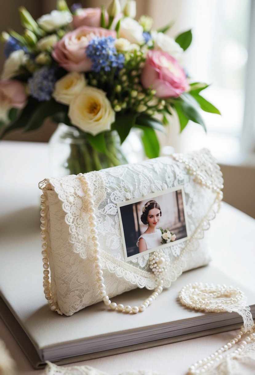 A white lace clutch adorned with delicate photo lining, embellished with pearls and lace, sitting on a table with a bouquet of flowers