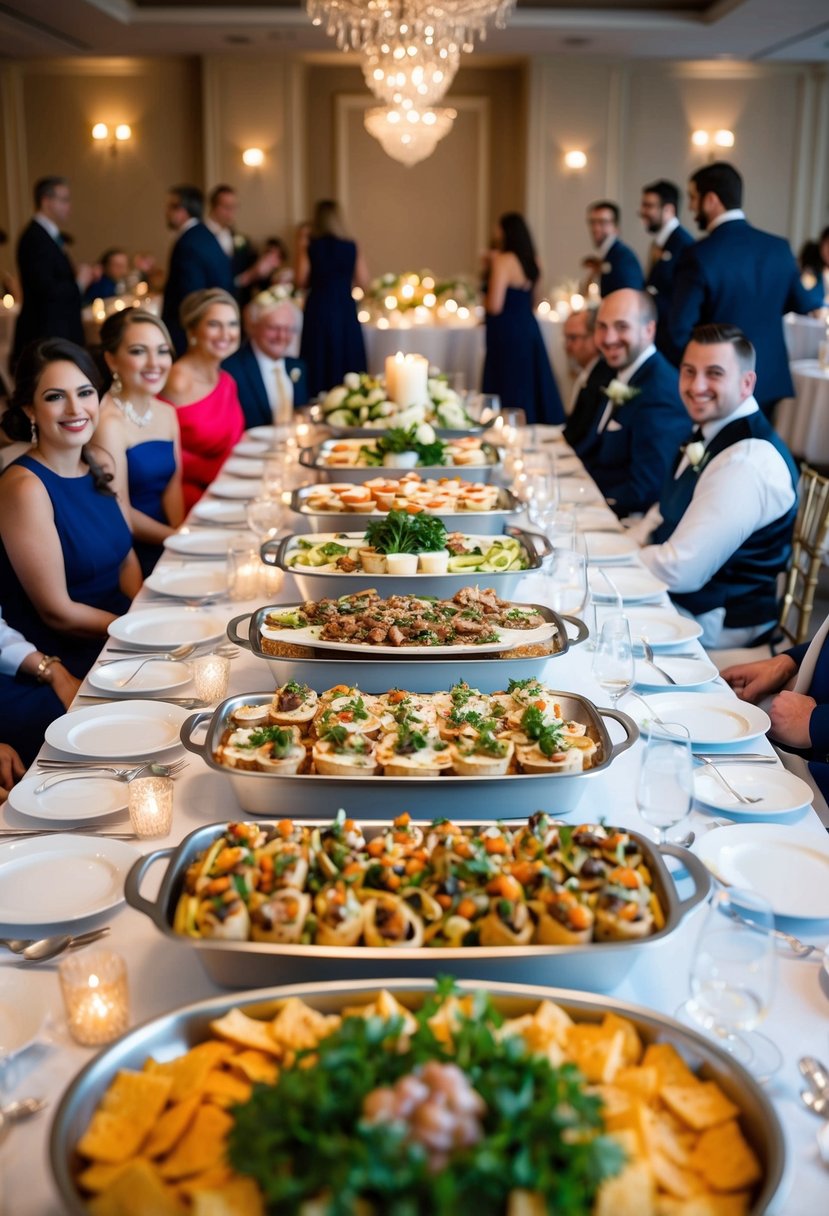 A banquet table filled with an array of mouthwatering appetizers and finger foods, surrounded by elegantly decorated dining tables and happy wedding guests