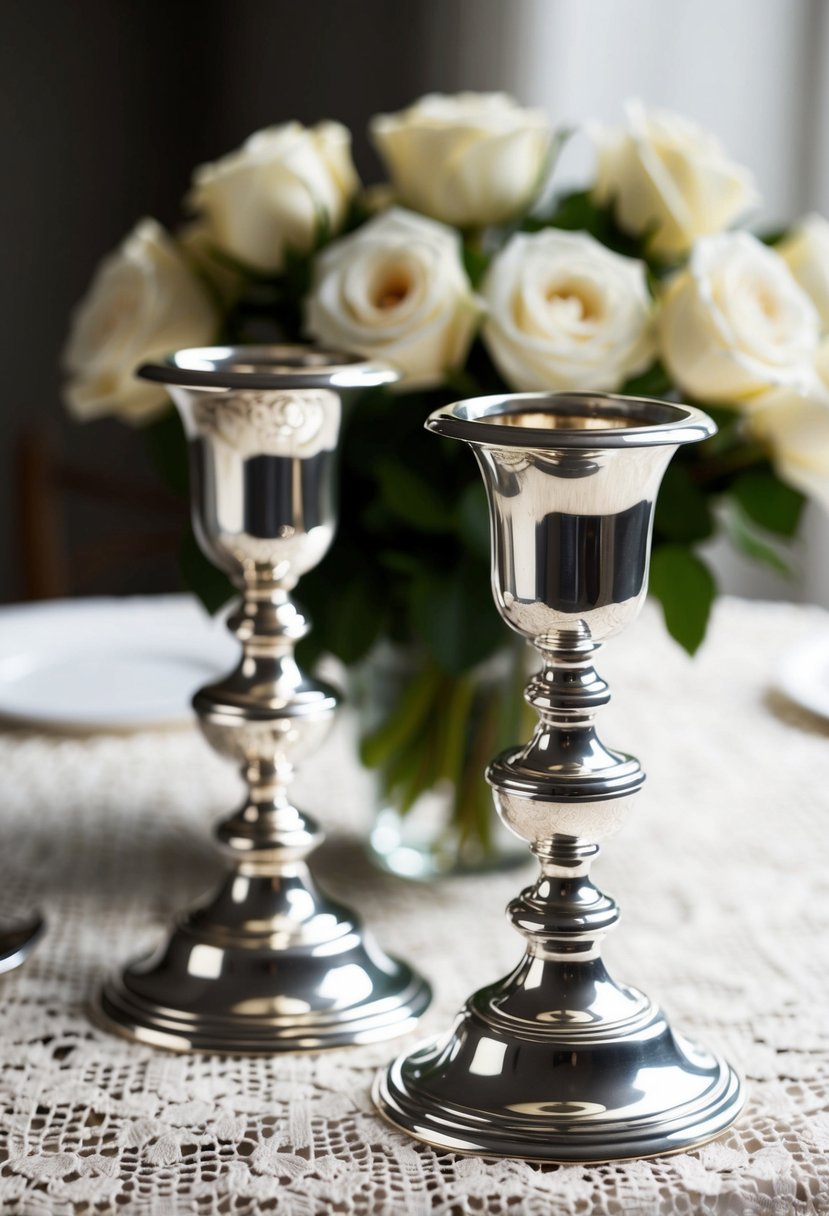 Two sterling silver candlestick holders placed on a lace tablecloth with a bouquet of white roses in the background