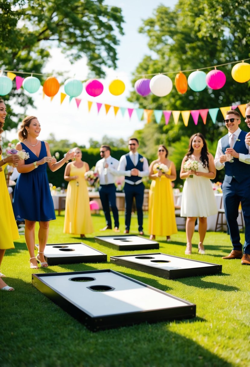 A sunny outdoor wedding reception with guests playing cornhole on a lush green lawn, surrounded by colorful decorations and cheerful music