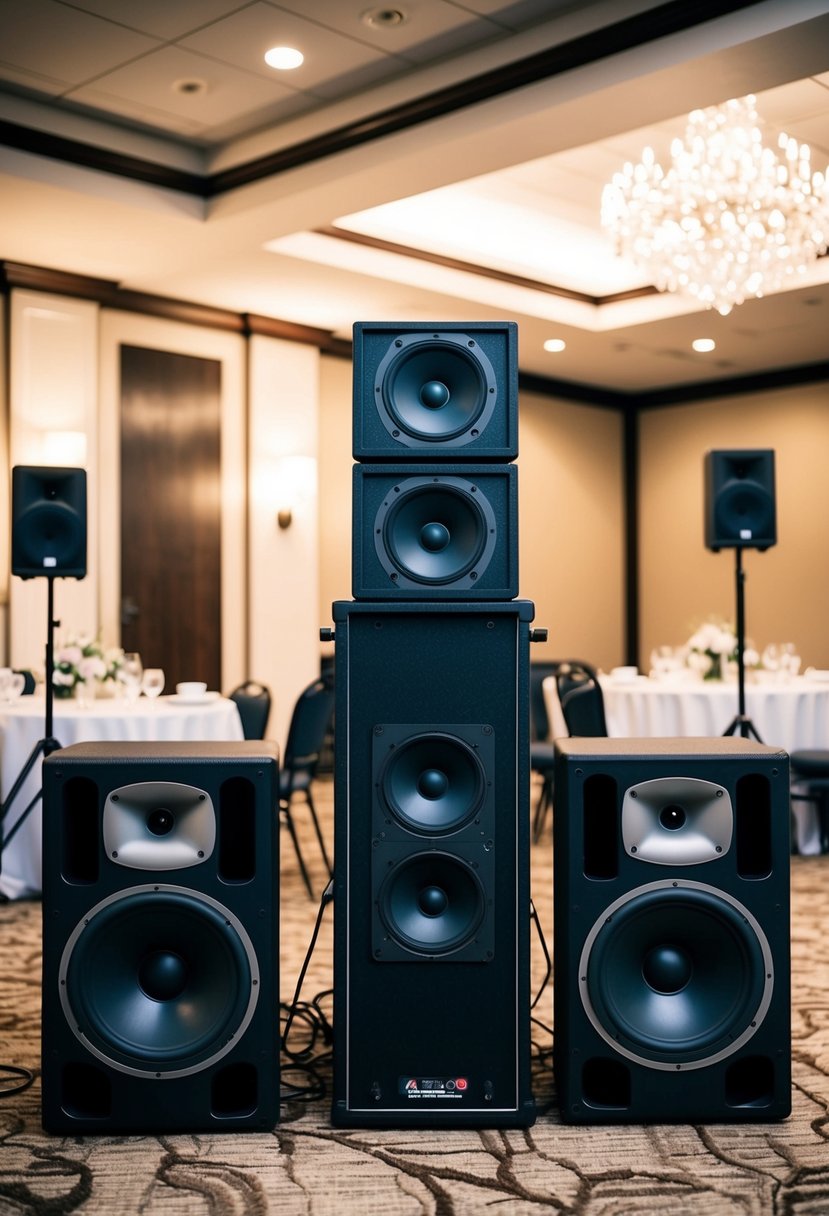 A sound system being set up in a wedding venue, with speakers positioned strategically for optimal sound distribution