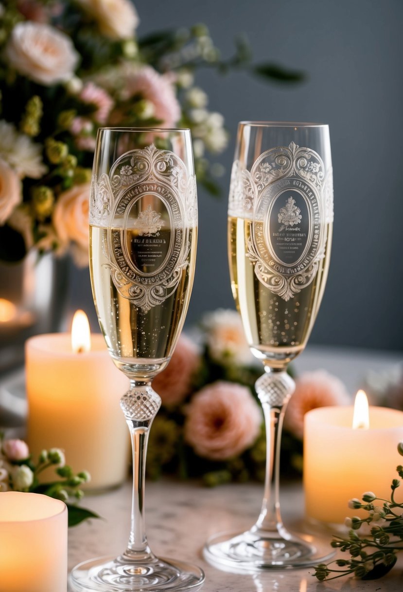 Two elegant champagne glasses with intricate engravings, surrounded by delicate floral arrangements and soft candlelight