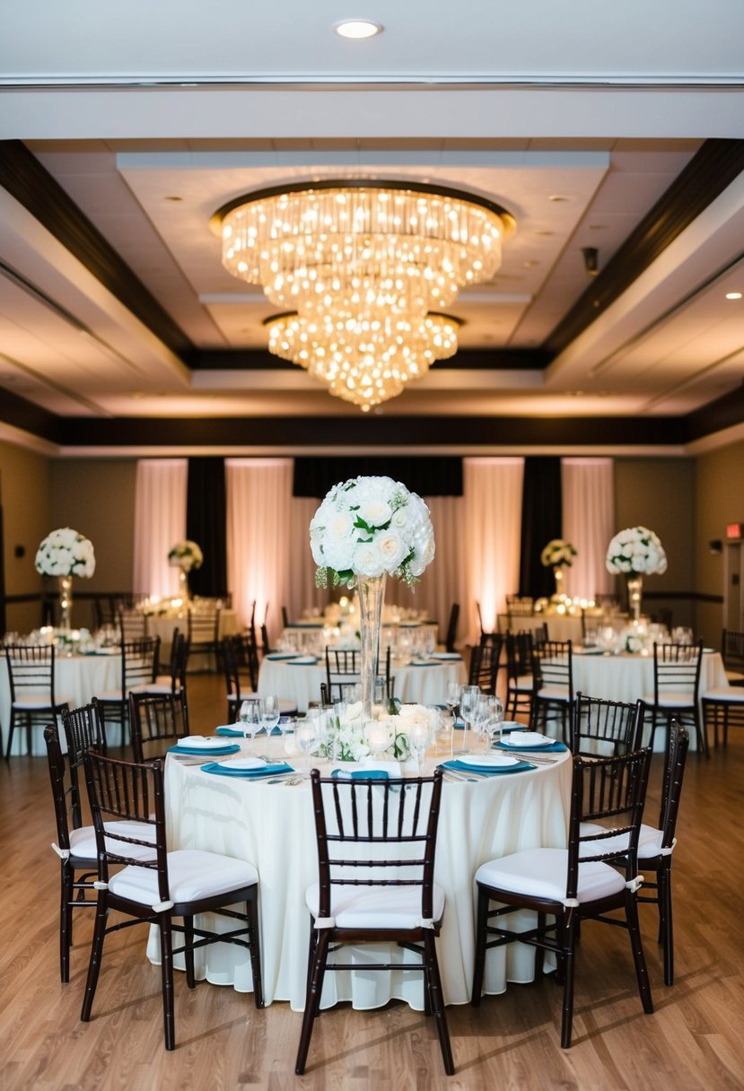 A beautifully decorated reception hall with tables, chairs, and a dance floor, all set up in an organized and elegant manner for a wedding celebration